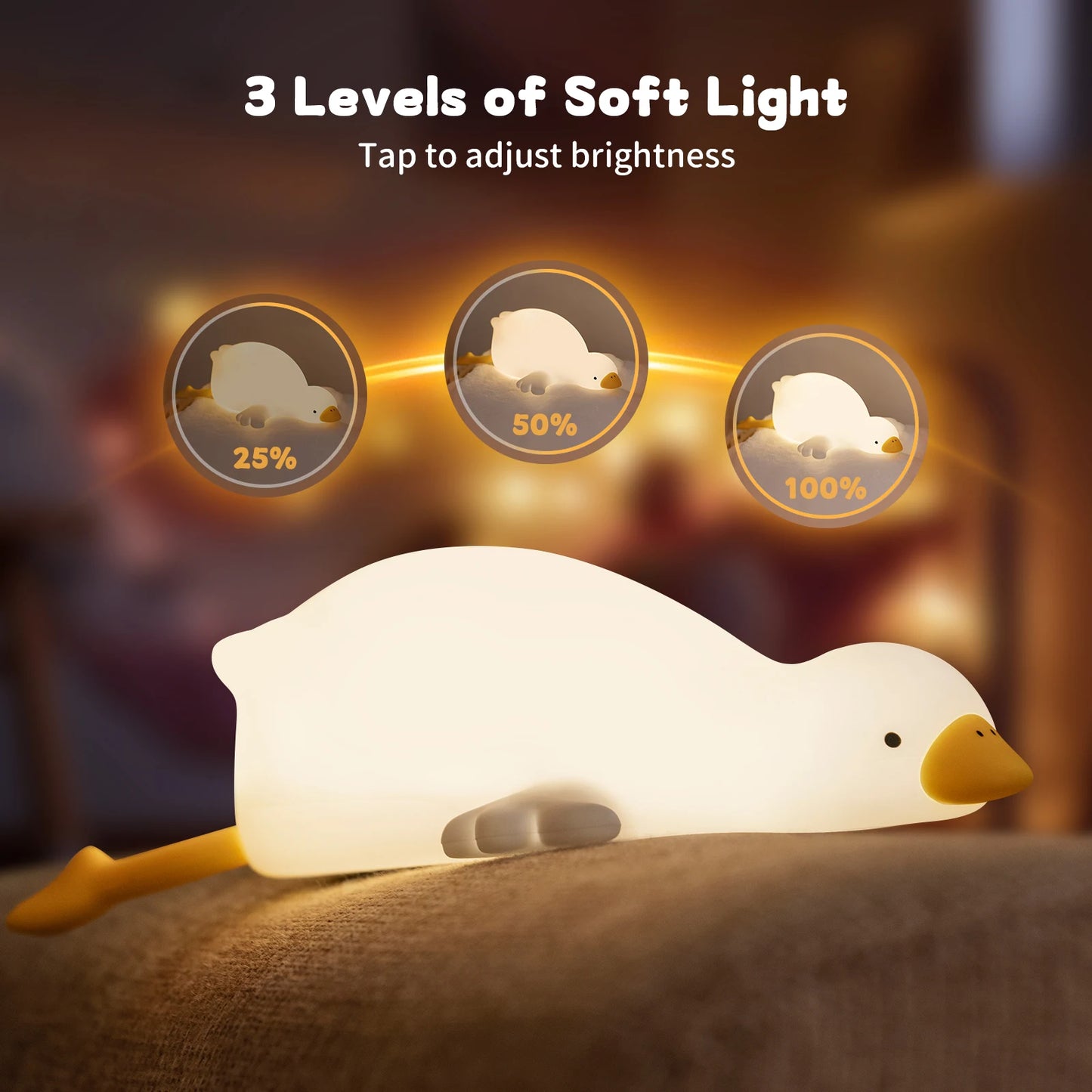 Duck Night Light for Kids – Rechargeable, Squishy Silicone & Tap-Controlled