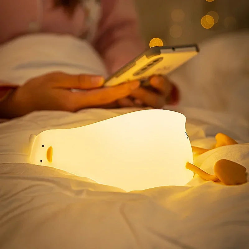 Lying Flat Yellow Duck Night Light – Soft Silicone, 3 Brightness Levels
